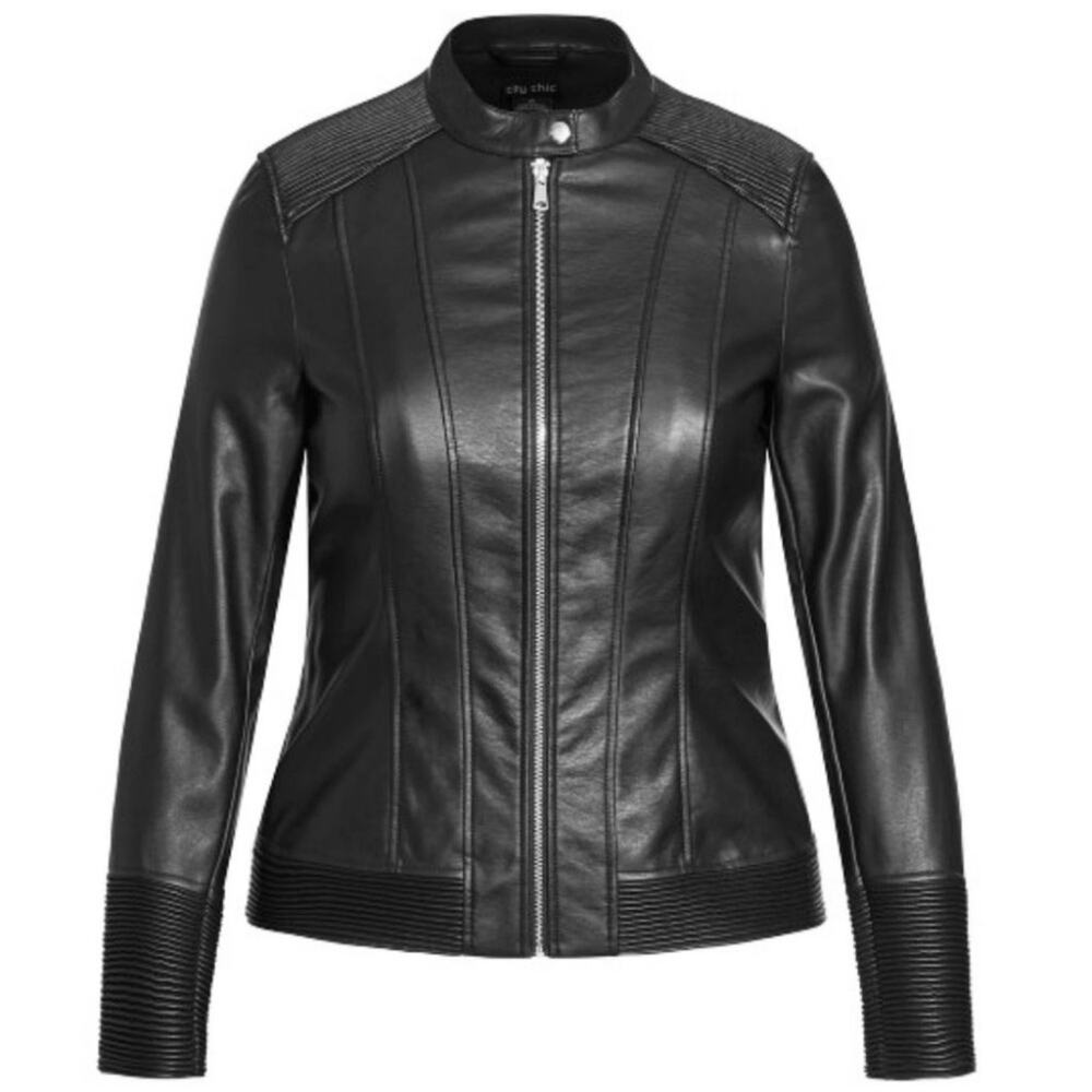 City Chic Black Faux Leather Ribbed Moto Biker Jacket Sz 16